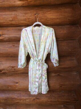 Dentelle Vintage Floral Pastel Satin Kimono 80s 90s Robe Dress Size Medium*
